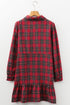 Plaid Shirt Collar Half Button Chest Pocket Ruffle Hem A Line Mini Dress